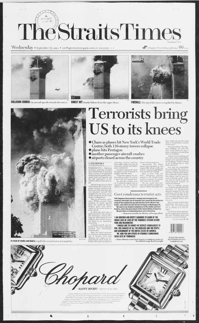 Front page newspaper coverage of the September 2001 attacks
