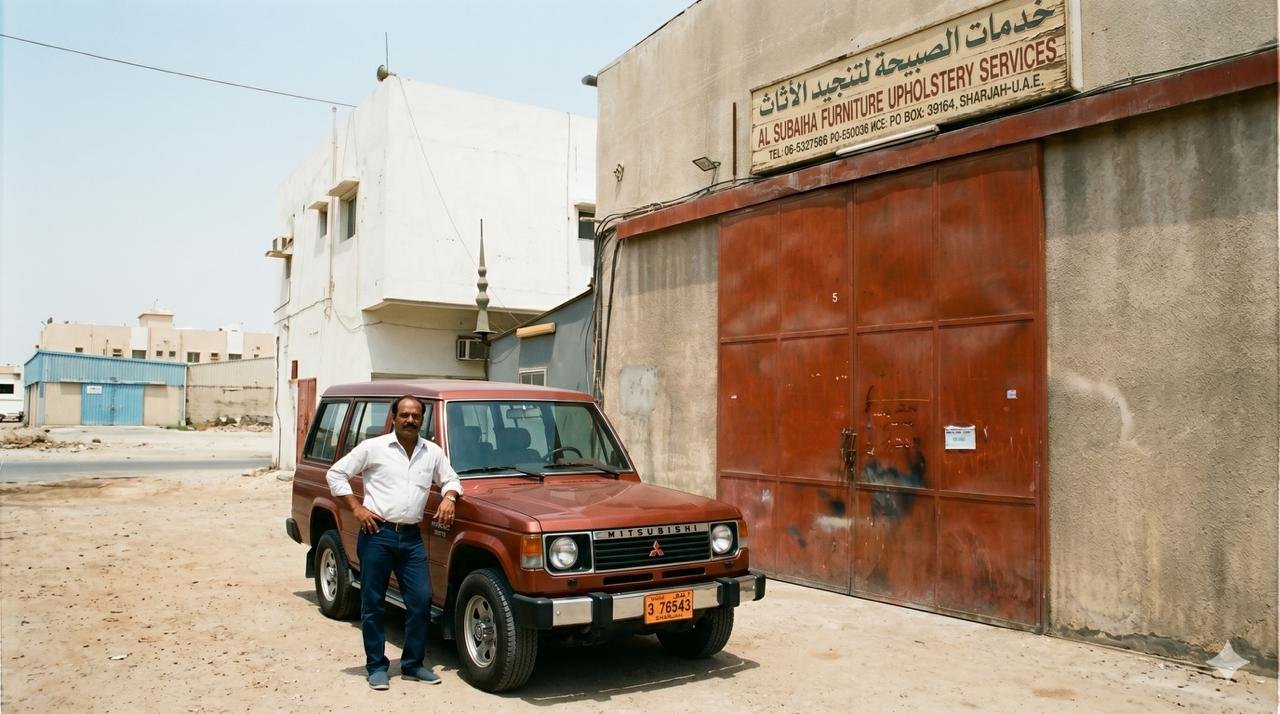 K N Udayakumar, founder of Al Subaiha Furniture, outside the original Sharjah workshop — February 1994